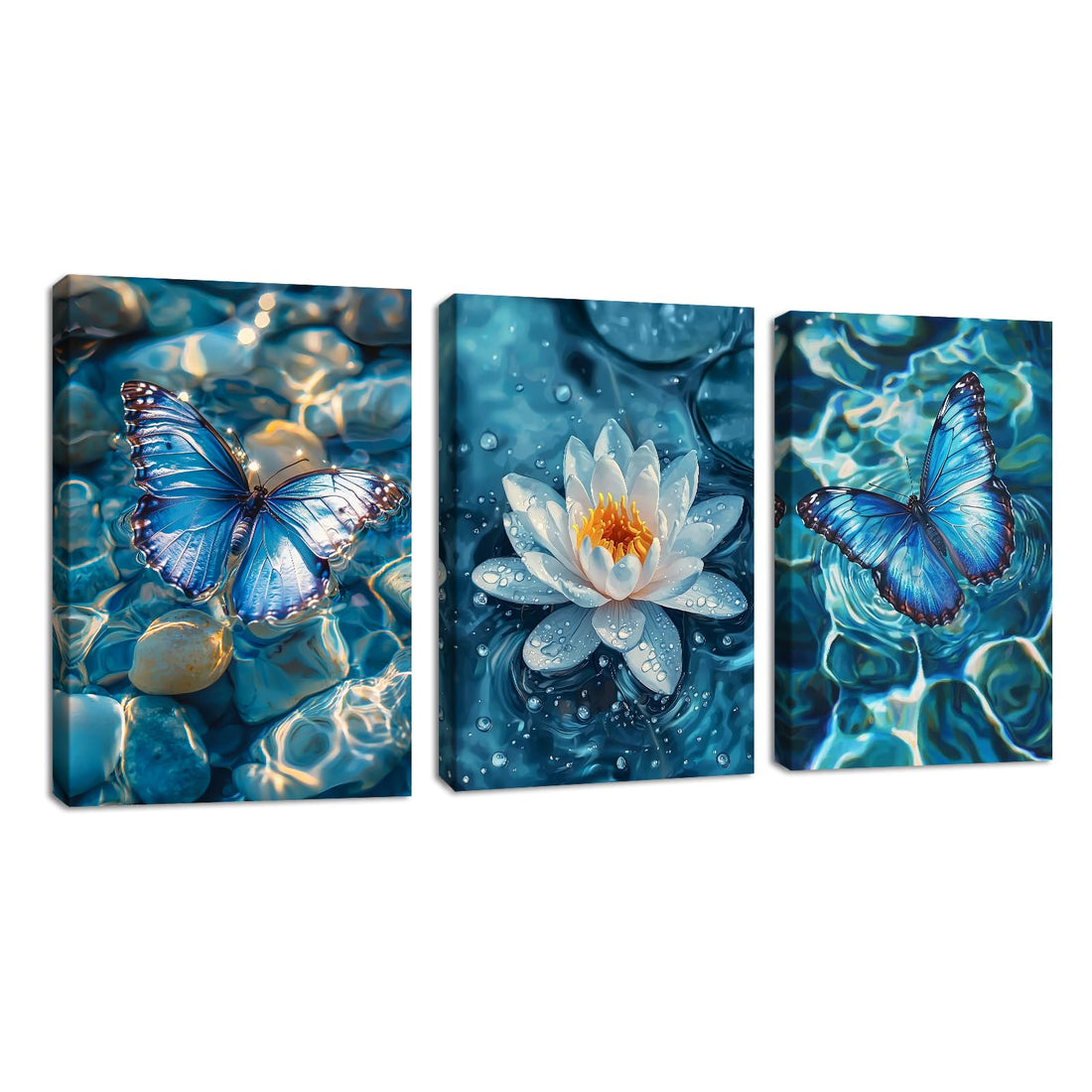 3 Pcs Blue Lotus Flower Butterfly Canvas Wall Art, Framed Water Lily Pond Wall Painting Zen Stones White Lotus Flower Teal Turquoise Wall Pictures Artwork Decor for Yoga Spa Room Bedroom 30x40cmx3Pcs