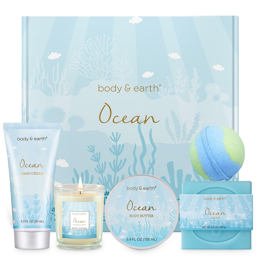 BODY & EARTH Pamper Gifts for Women, 5 Pcs Ocean Bath Spa Gift Set Includes Scented Candle, Body Butter, Gifts for Women, Birthday gifts for women, Gift Sets for Women, Relaxation Gifts for Women