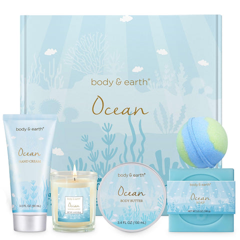 BODY & EARTH Pamper Gifts for Women, 5 Pcs Ocean Bath Spa Gift Set Includes Scented Candle, Body Butter, Gifts for Women, Birthday gifts for women, Gift Sets for Women, Relaxation Gifts for Women