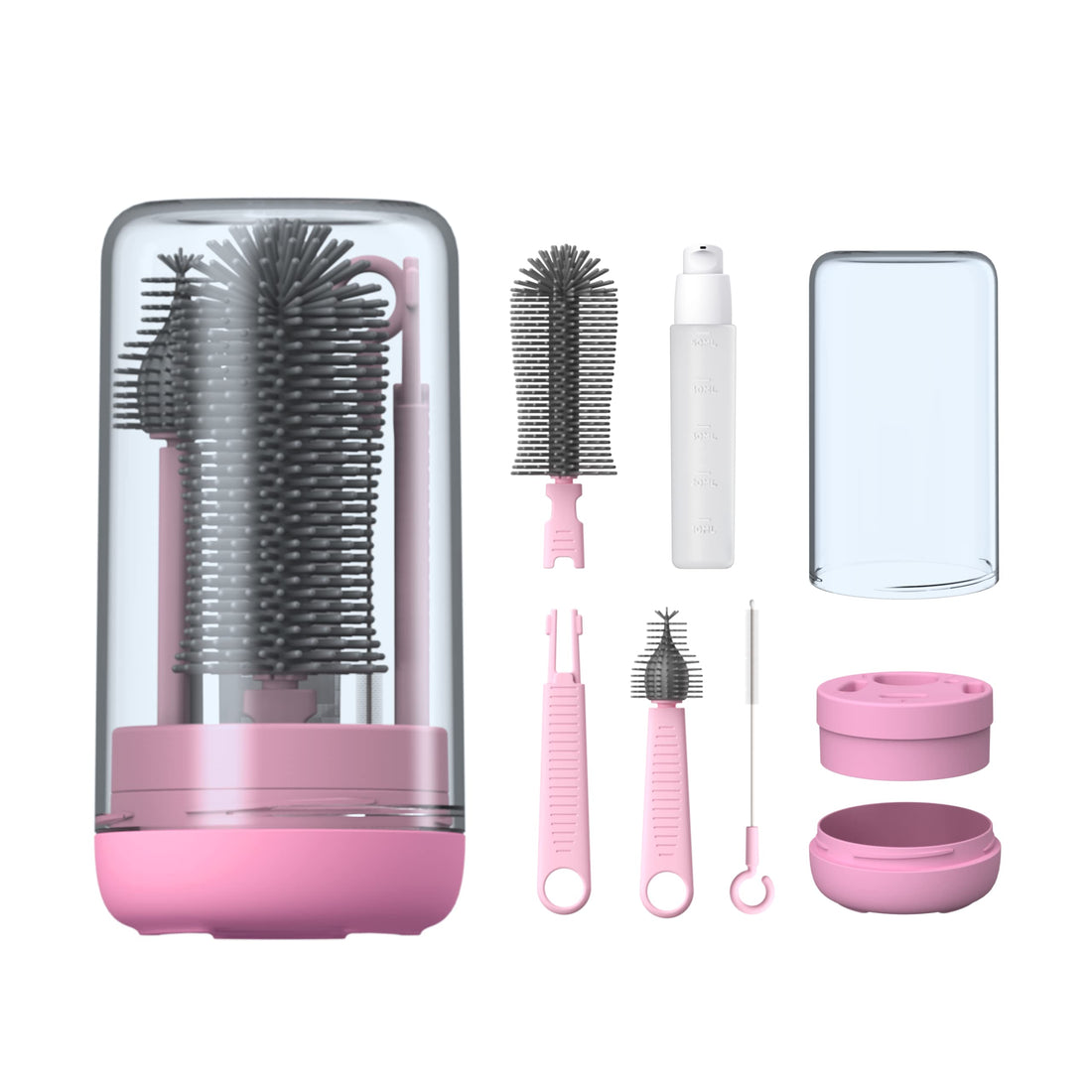 YOTIME Baby Bottle Brush, Travel Bottle Cleaner Kit with Extendable Silicone Bottle Brush, Cleaner Brush, Straw Brush, Soap Dispenser, Dust Cap and Stand, Pink