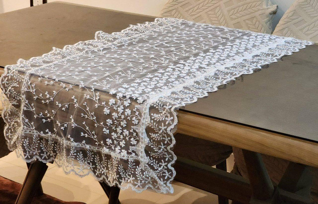White Lace Table Runner, Floral Embroidered Mesh, Scalloped Edge, Rectangular, 60x100 cm, .bar