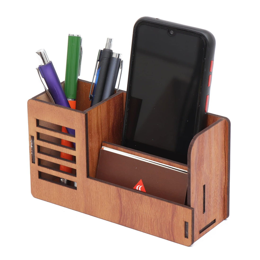 Pen Stand with Visiting Card & Mobile Holder Multipurpose Wooden Desk Organizer Pen and Pencil (Design 2)