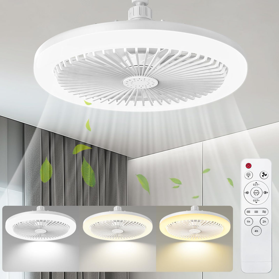 Indoor Socket Fan Light Ceiling Fan with Remote, White, Modern Style, Bedroom, Living Room, Kitchen, Garage