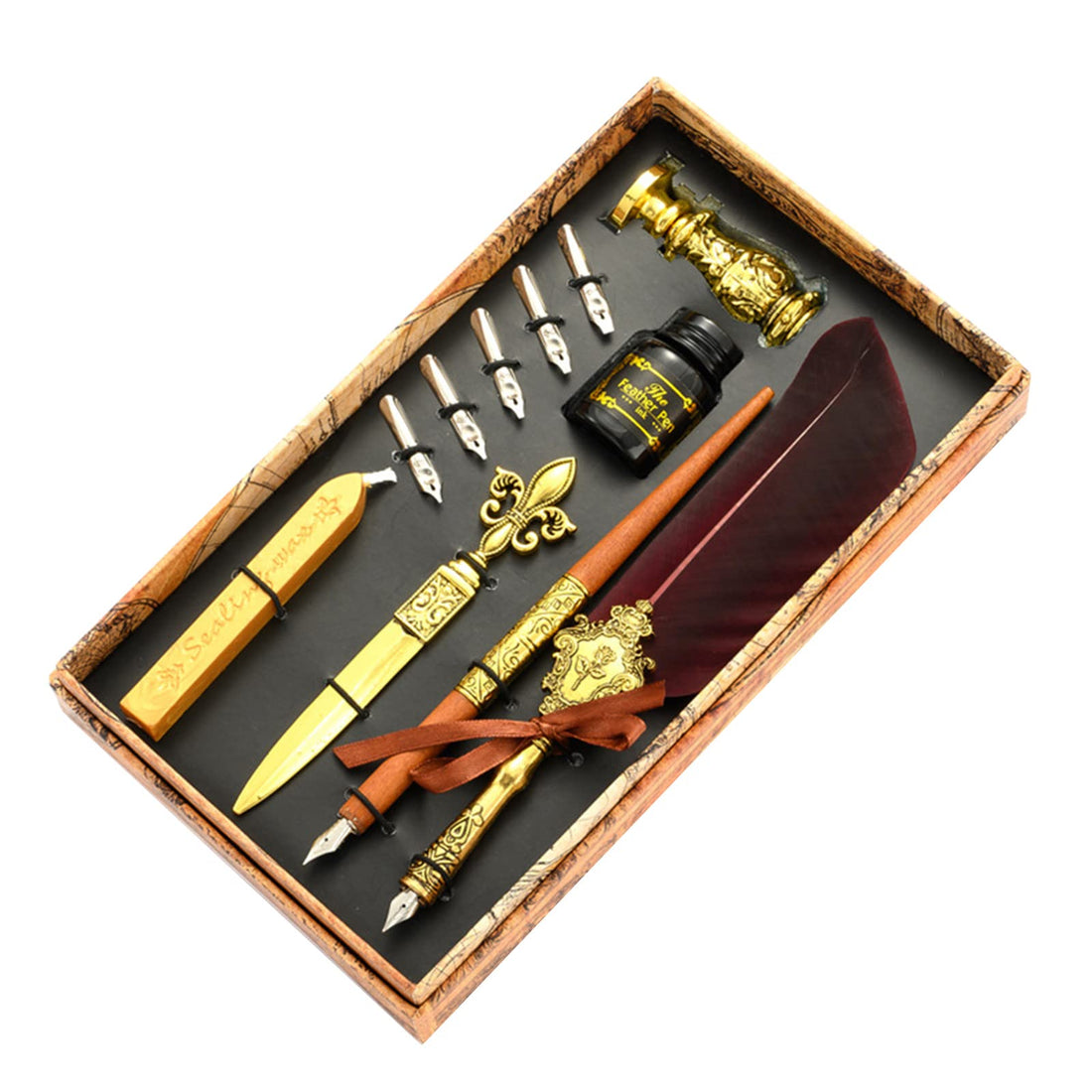 VolksRose Quill Pen Set, Calligraphy Feather Pen and Ink Set, Includes Dip Pen, 17 Replaceable Nib, Ink, Wax Seal Stamp, Wax Seal Stick, Envelope Opening Tool, Calligraphy Writing Pen Set Gift