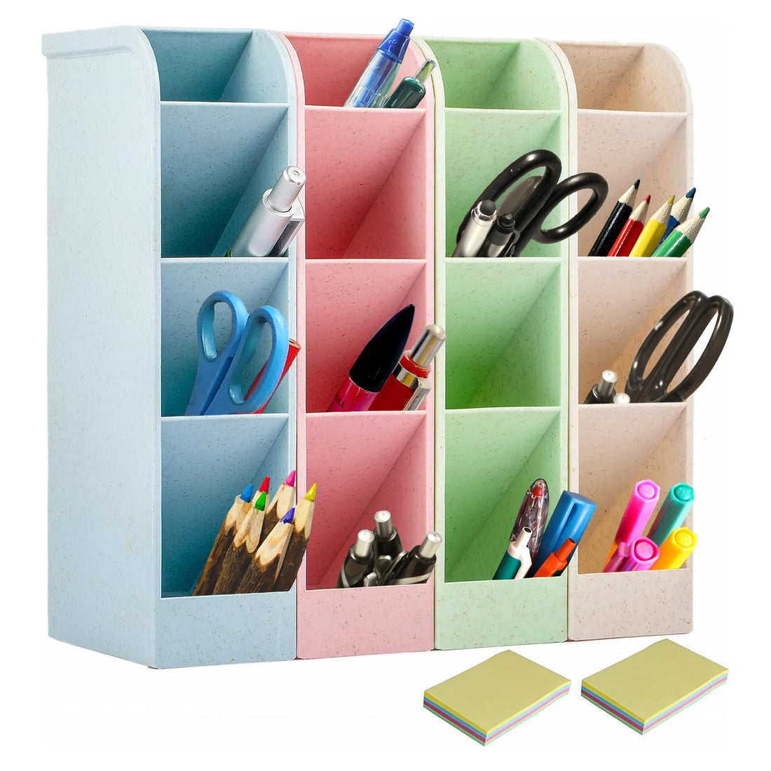 Qualsen 4 Pcs Pen Holder, Desk Storage Organizer, Desk Pencil Holder for Home, Office and School (Beige + Blue + Green + Pink)