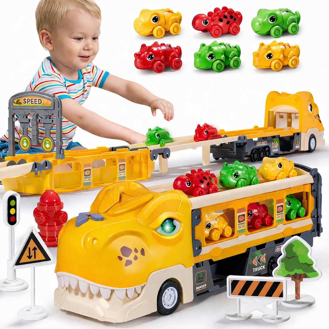 TOYS LAND Transport Truck Toy for Kids, Dinosaur Car Carrier Truck with 117cm Foldable Race Track and 6 Dino Cars, Lights & Sounds, Traffic Signs, Birthday Gift for Toddler Boys Girls 3+ (Yellow)