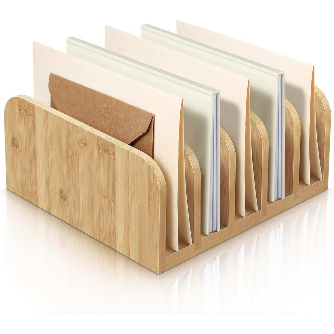 Tazweeq Bamboo Desktop Mail Organizer, 5 Slots Bamboo Folder Sorter Organizer Holder for Letter, Envelope, Paper, Bill Filing
