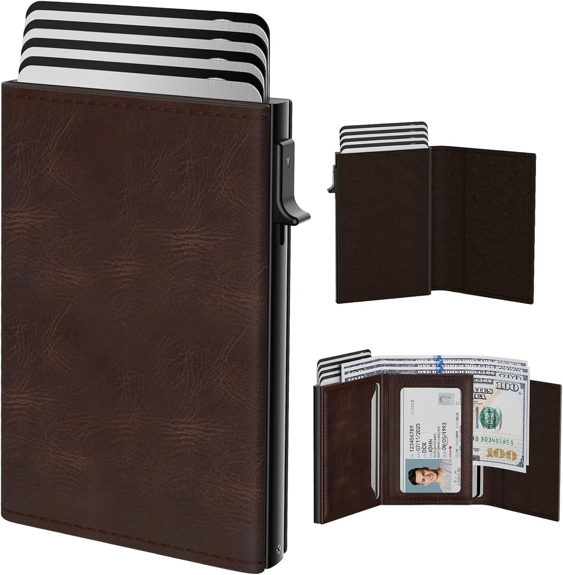 KASTWAVE Men’s Wallet Card Holder - Pop-Up Aluminum Case with Genuine Leather, RFID Blocking, ID Window, Cash Slot - Slim Minimalist Front Pocket Wallet for 9-14 Cards (Oil Wax Brown)