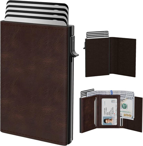 KASTWAVE Men’s Wallet Card Holder - Pop-Up Aluminum Case with Genuine Leather, RFID Blocking, ID Window, Cash Slot - Slim Minimalist Front Pocket Wallet for 9-14 Cards (Oil Wax Brown)