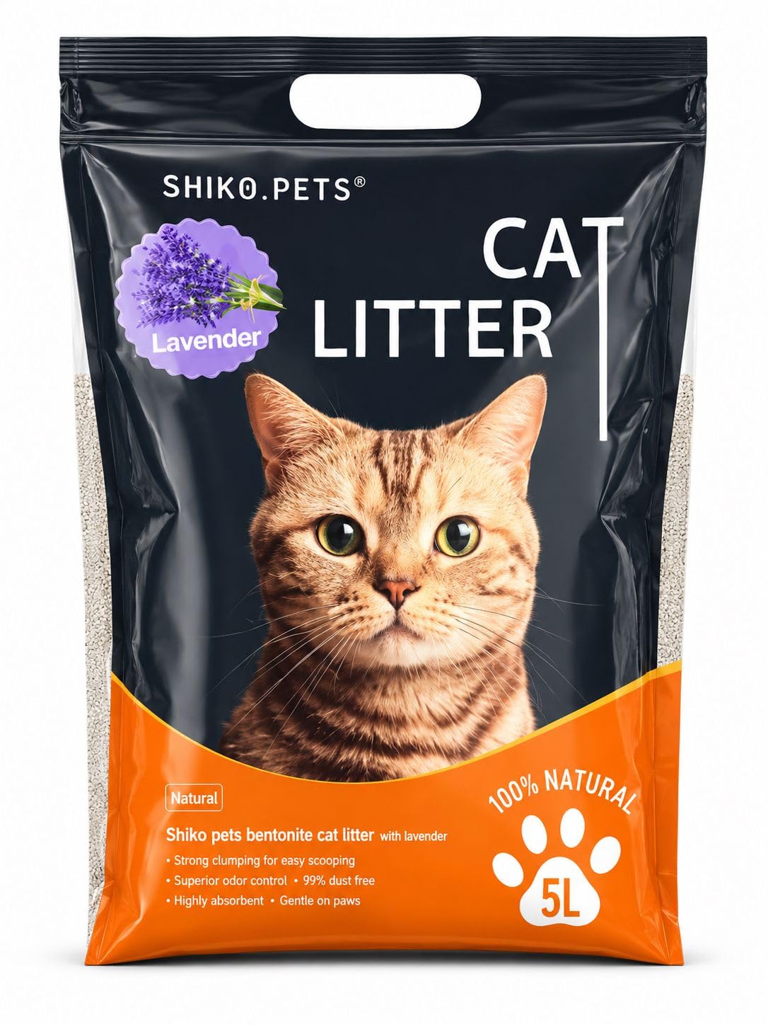 SHIKO.PETS Cat Litter, Lavender Scented, 100% Natural Bentonite, 5L, Strong Clumping, Superior Odor Control, 99% Dust Free