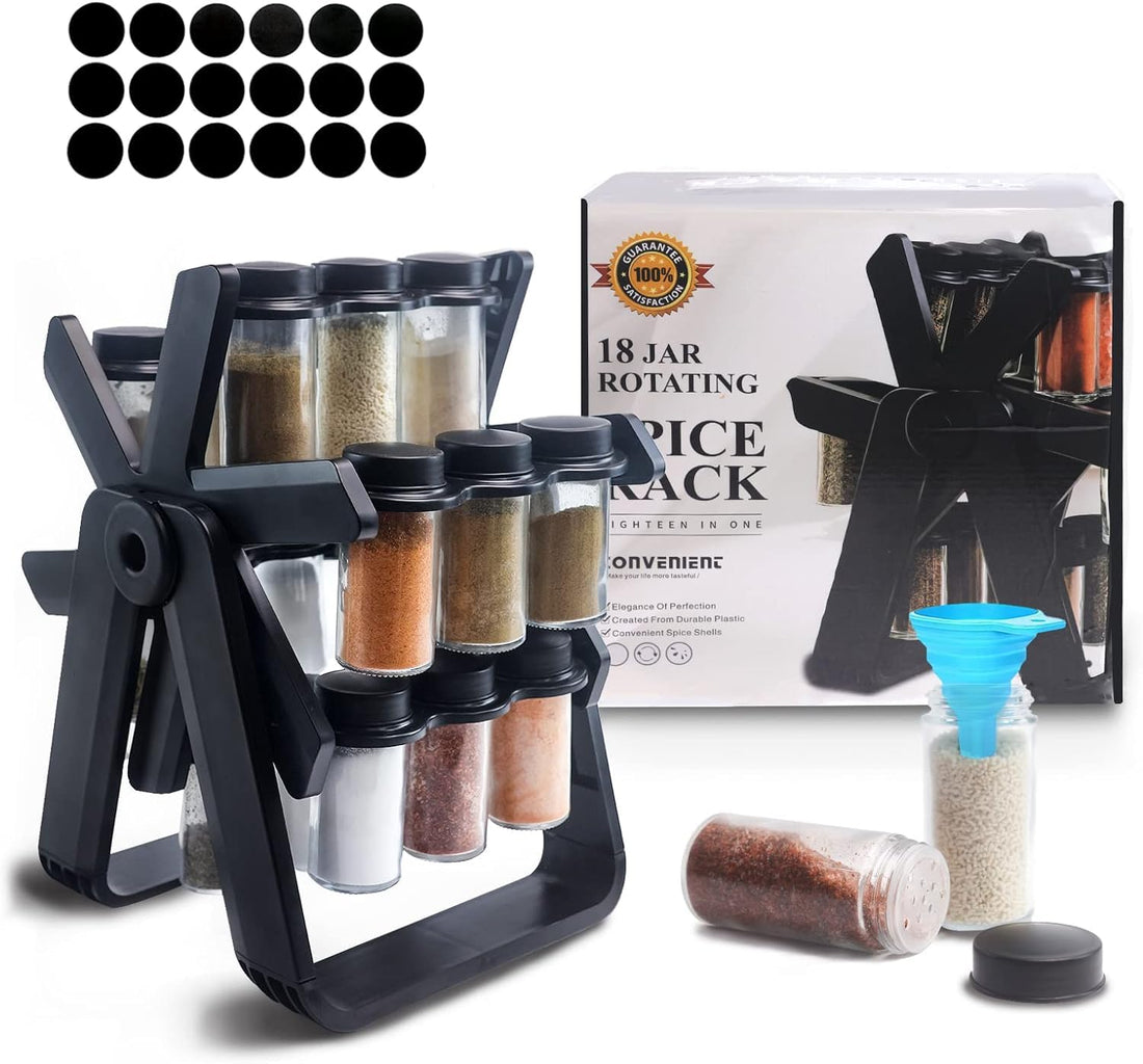 Trendy Trays Premium Spice Rack Set for Kitchen - 18 Glass Jar included Spice Rack Organizer with Labels - Spices Organizer - 360 Rotating Spice Racks with Bottles