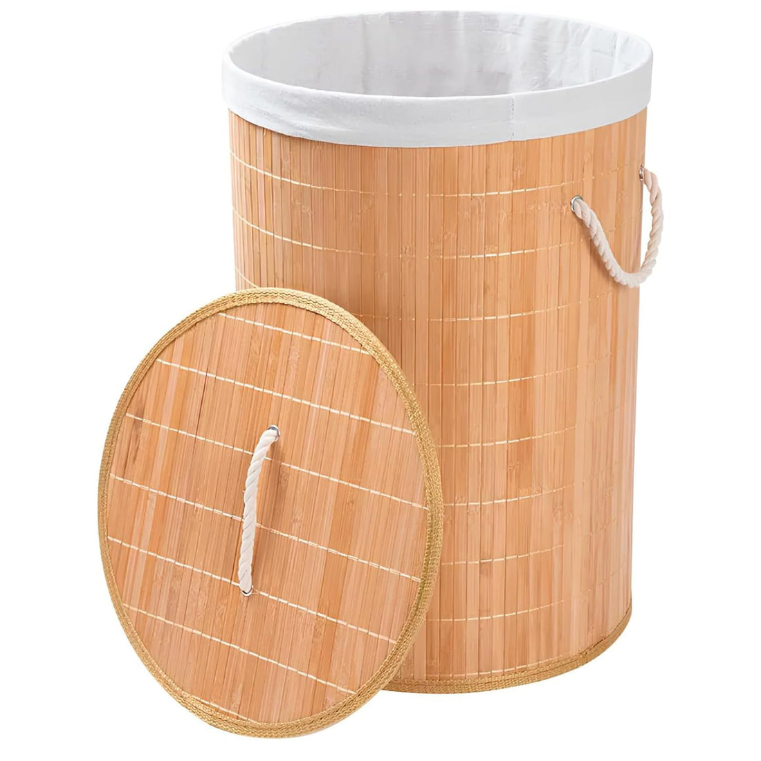 Large Bamboo Laundry Basket with Lid, Collapsible Laundry Basket with Removable Liner for Storing Dirty Clothes and Towels, Lightweight Storage Basket for Bathroom, Bedroom, or Kids Room (Round)