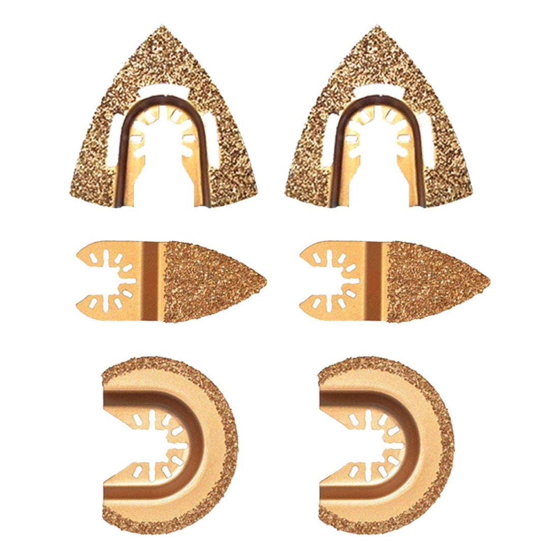Tookie Oscillating Tool Blades Set, 6pcs Universal Carbide Oscillating Saw Blades Mixed Multitool Saw Blades Semicircle Triangular Finger Kit for Tile Grout Mortar Concrete Masonry(Gold)