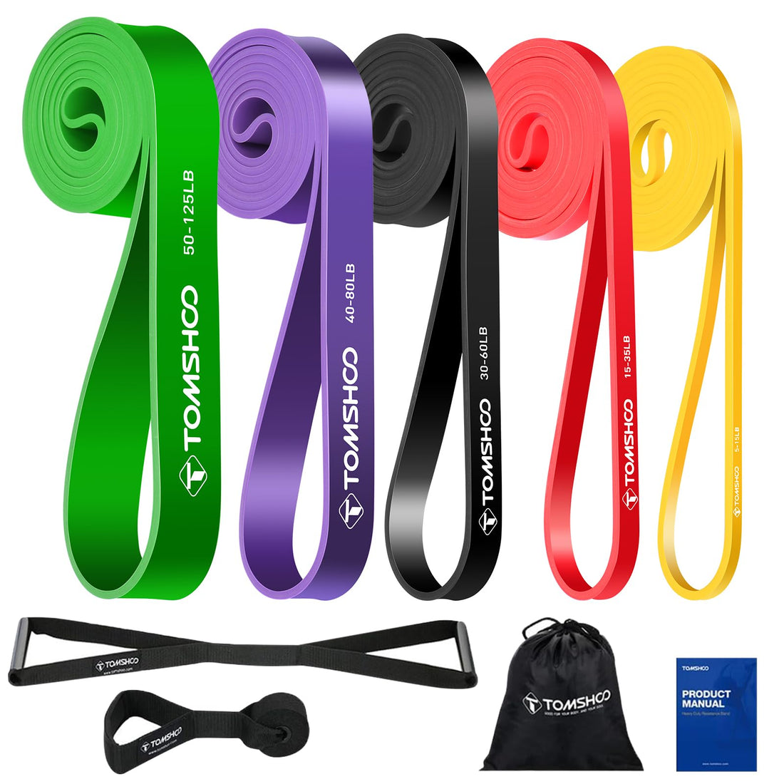 TOMSHOO 5 Packs Pull up Assist Bands, Resistance Bands with Straps Handles and Door Anchor, Stretch Bands,Exercise Bands with Guide for Fitness