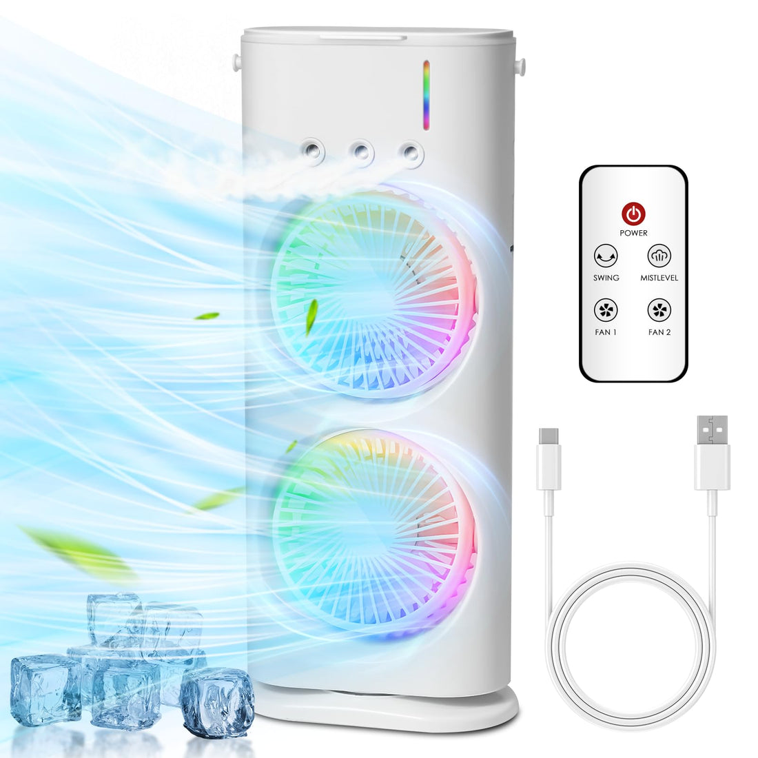 Bwaliffury Mobile Air Conditioner, USB Portable Air Cooler, Mini Air Conditioner, Portable Air Cooler Fan, 3 Wind Speeds, Spray Function, 7 Colours Light