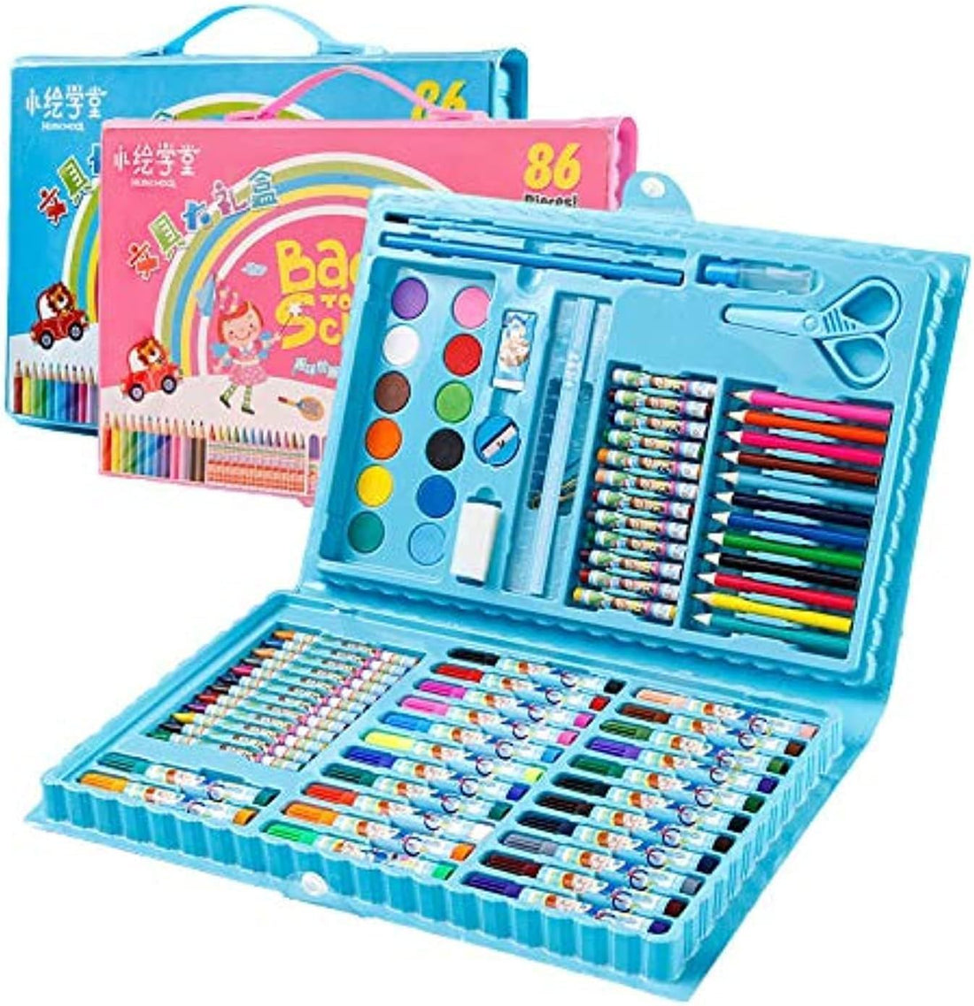 86pcs/Set Kids Drawing Pen Watercolor Painting Crayons Set Box Drawing Tools Art Supplies， Blue