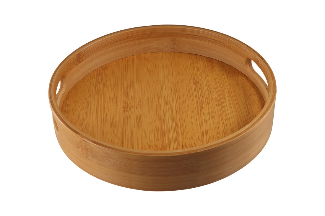 Round Serving Tray with Handles, Wood Bamboo Decorative Tray, Natural Wooden Tray for Kitchen/Coffee Table