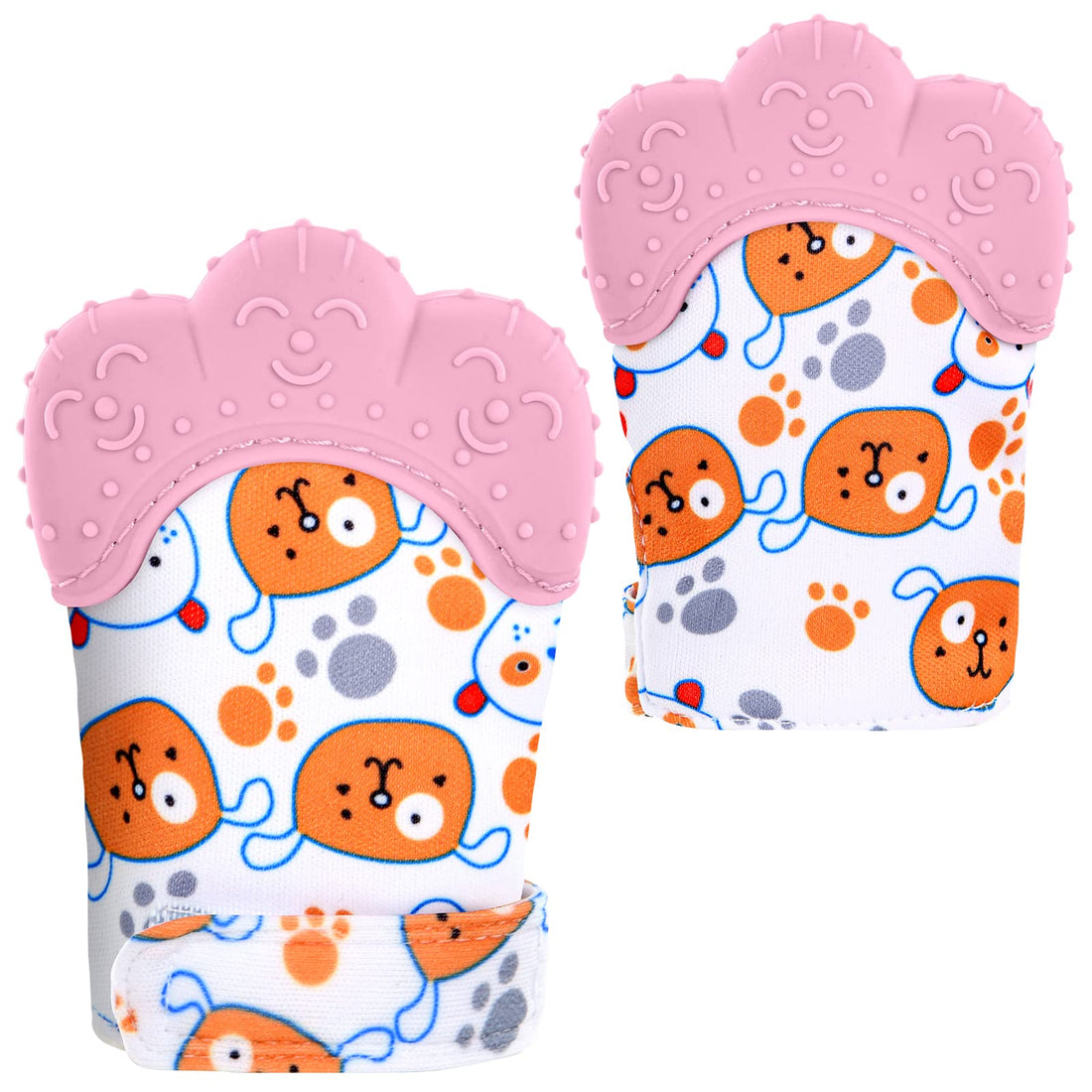 Vicloon Baby Teething Gloves, 2 Pack Gloves Teether Toys, BPA Free, Soothes Sore Gums, Stimulates Teething Gloves for 0-6 Months Baby Pink Bear