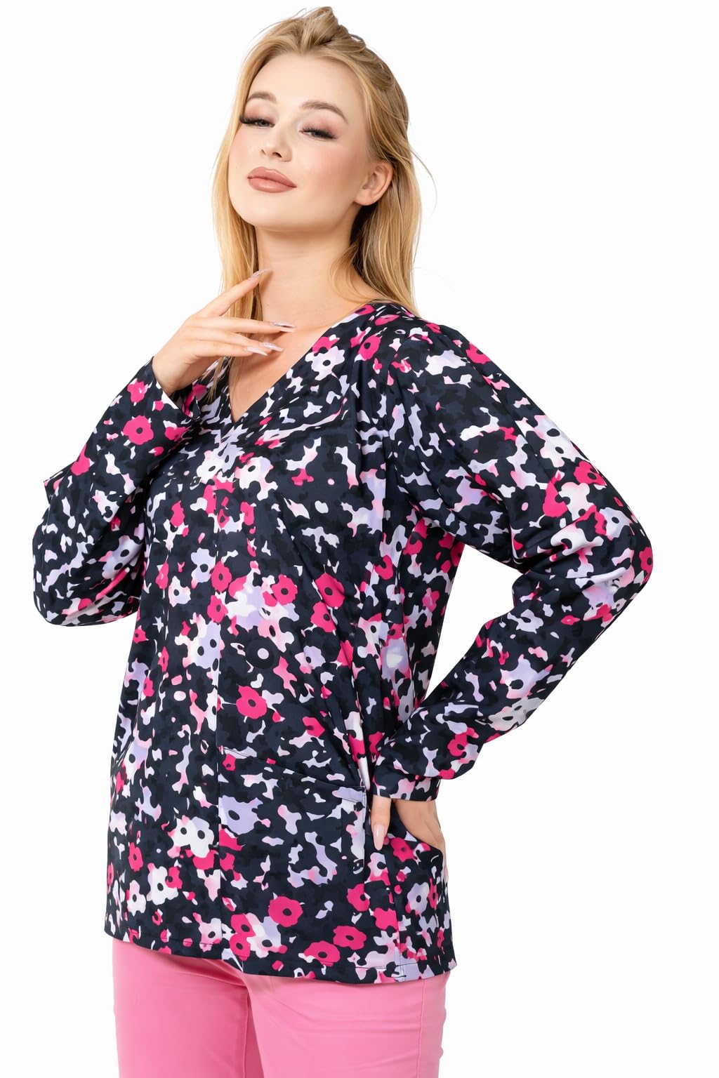 LILLY FLOWER Medical Scrub printed Hospital Medical Scrub unisex-dental - Surgical scrub head cap-Vet - Doctor Scrub -Medical Uniform LONG SLEEVE TOP ONLY