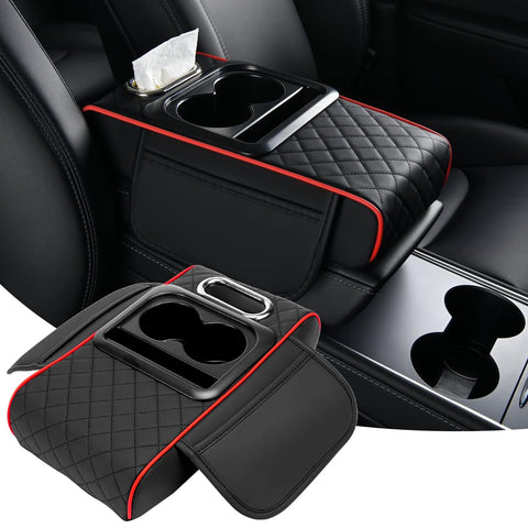 Car Armrest Cushion, 5 in 1 Center Console Cover with 2 Cup Holders, Phone Holder, Tissue Holder, Storage Bag, Multifunctional Leather Heightened Car Armrest Cushion for Most Cars