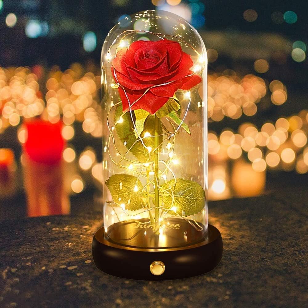Shirlzy Beauty and The Beast Artificial Rose with LED String Lights in Glass Dome for Mother's Day Birthday Wedding Anniversary Party Home Decor (Red)