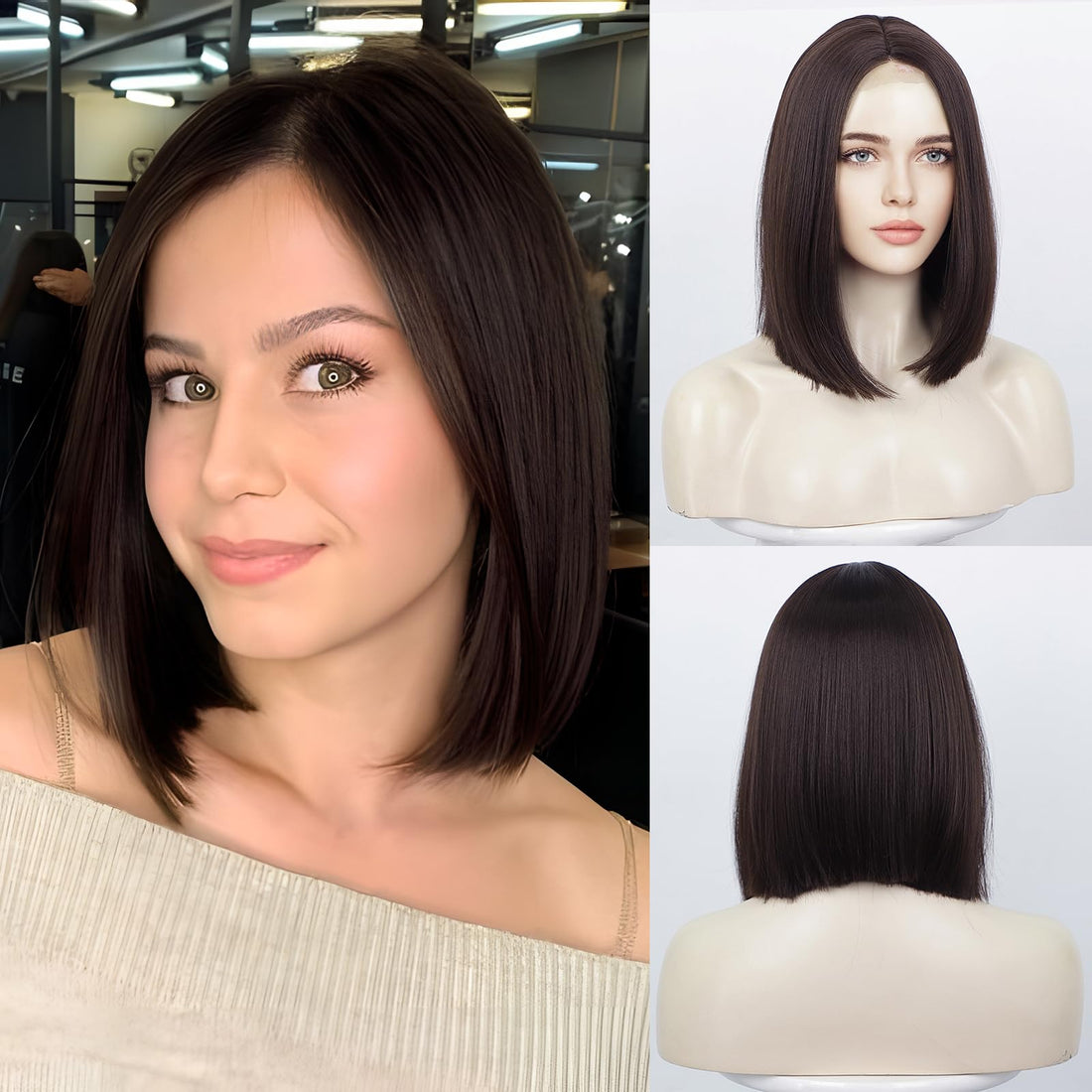 ECIF Wigs For Women Dark Brown Hair Straight Bob Wig Hand-Tied Heat Resistant Hairline Shoulder Length Natural Middle Part (12Inch)