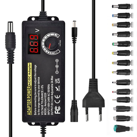 Adjustable Power Supply 3V-24V Universal Power Supply Adapter 3A 72W Adjustable Power Adapter 100V-240V AC to DC with LED Voltage Display and 5.5 x 2.5 mm 14 Tips for Household Electronics, DC Motor,