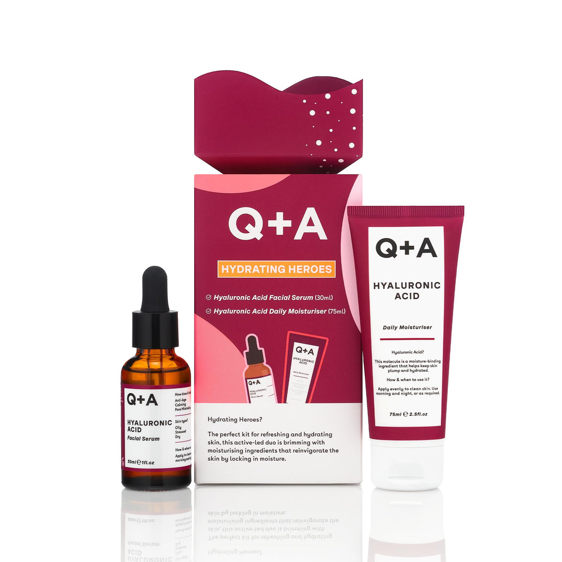 Q+A Hydrating Heroes Skincare Gift Set – A Giftset with Hyaluronic Acid Facial Serum 30ml, Daily Moisturiser 75ml for Dry, Dehydrated Skin, Vegan, Cruelty-Free, for Soft, Supple Complexion
