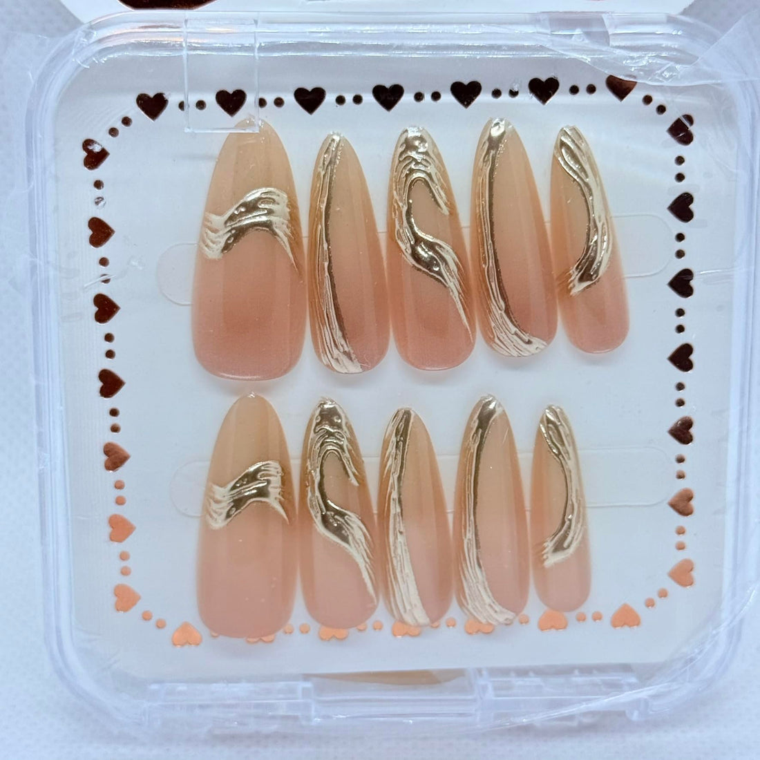Premium Press On Nails Set – Long & Glossy False Nails with Gold, Silver & Black Details – Reusable, Salon Quality - 6 different sets (Beige & Gold 2)