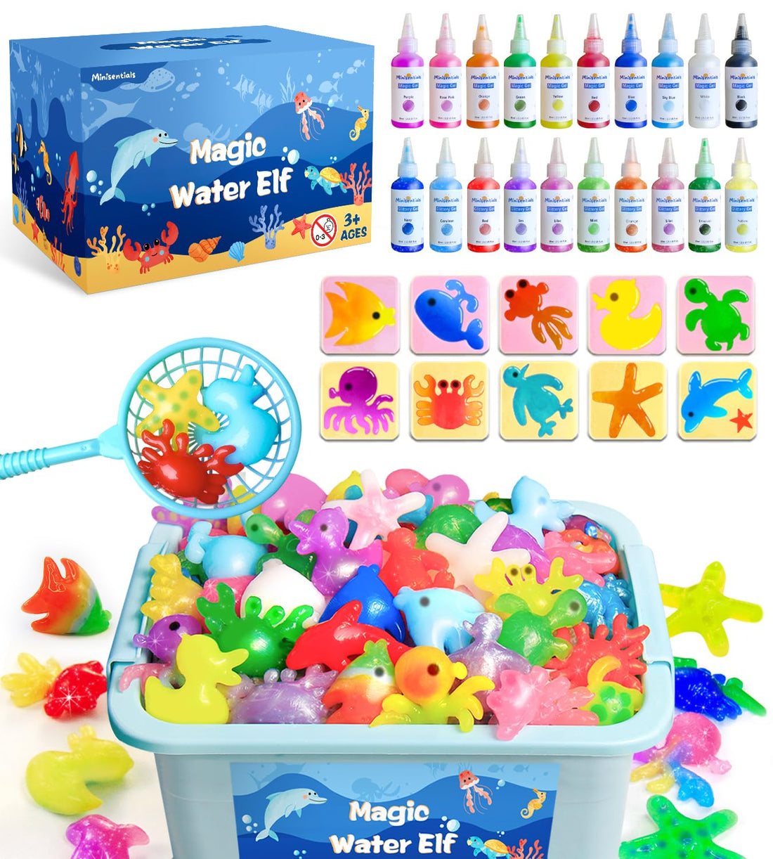 Magic Water Elf Toy Kit, 20 Colors Aqua Fairy Water Gel Kit,10 Squishy Maker Animal Molds - 3D DIY Paint with Water Kits for Kids, Creative Arts&Crafts for 3-8 Year Old Children Boys Girls
