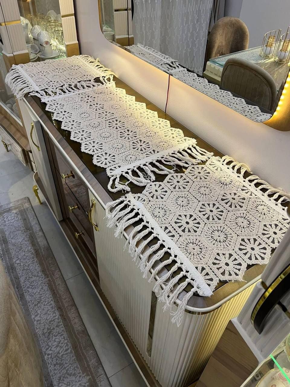 Table Runner with Fringe Tassels, White Cotton Lace, 90x90 cm Square, set of 3, .flo