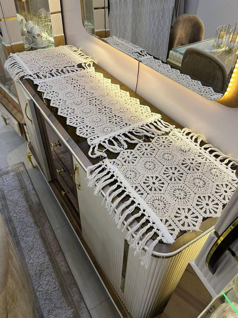 Table Runner with Fringe Tassels, White Cotton Lace, 90x90 cm Square, set of 3, .flo