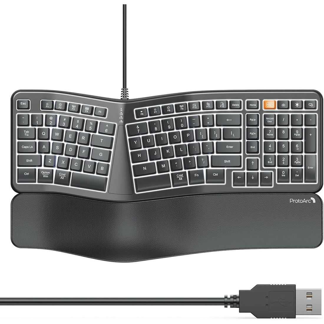 For ProtoArc Backlit Wired Ergonomic Keyboard, USB Wired Ergonomic Split Keyboard with Wrist Rest, 104 Keys, Compatible with Desktop, Laptop, Windows, Mac