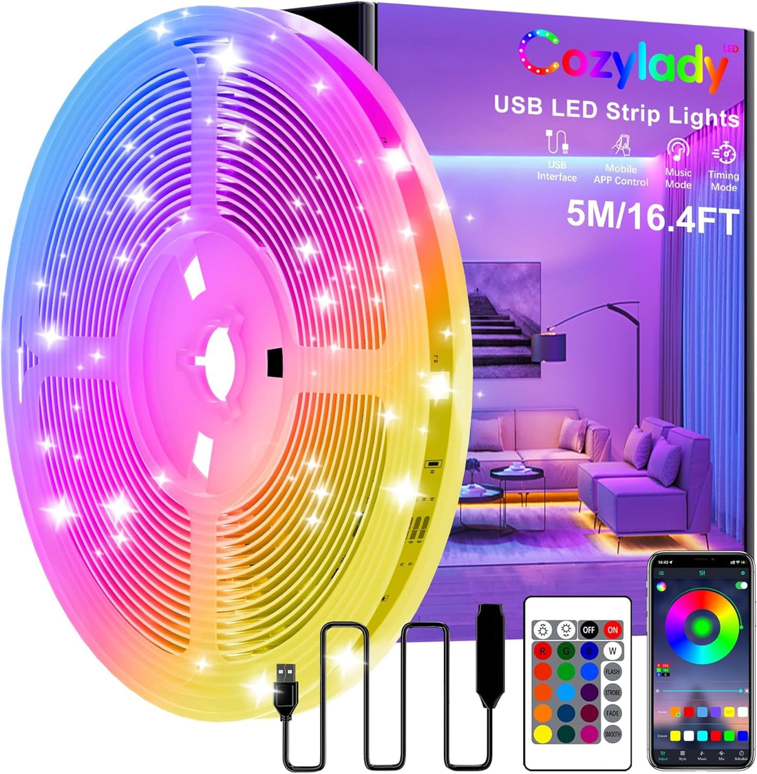 Cozylady 5M USB Smart Bluetooth RGB Light Strip With APP Control, Timer Setting, Music Mode for Decoration, Bedroom, PC, Cabinet (USB 5M-GM001)