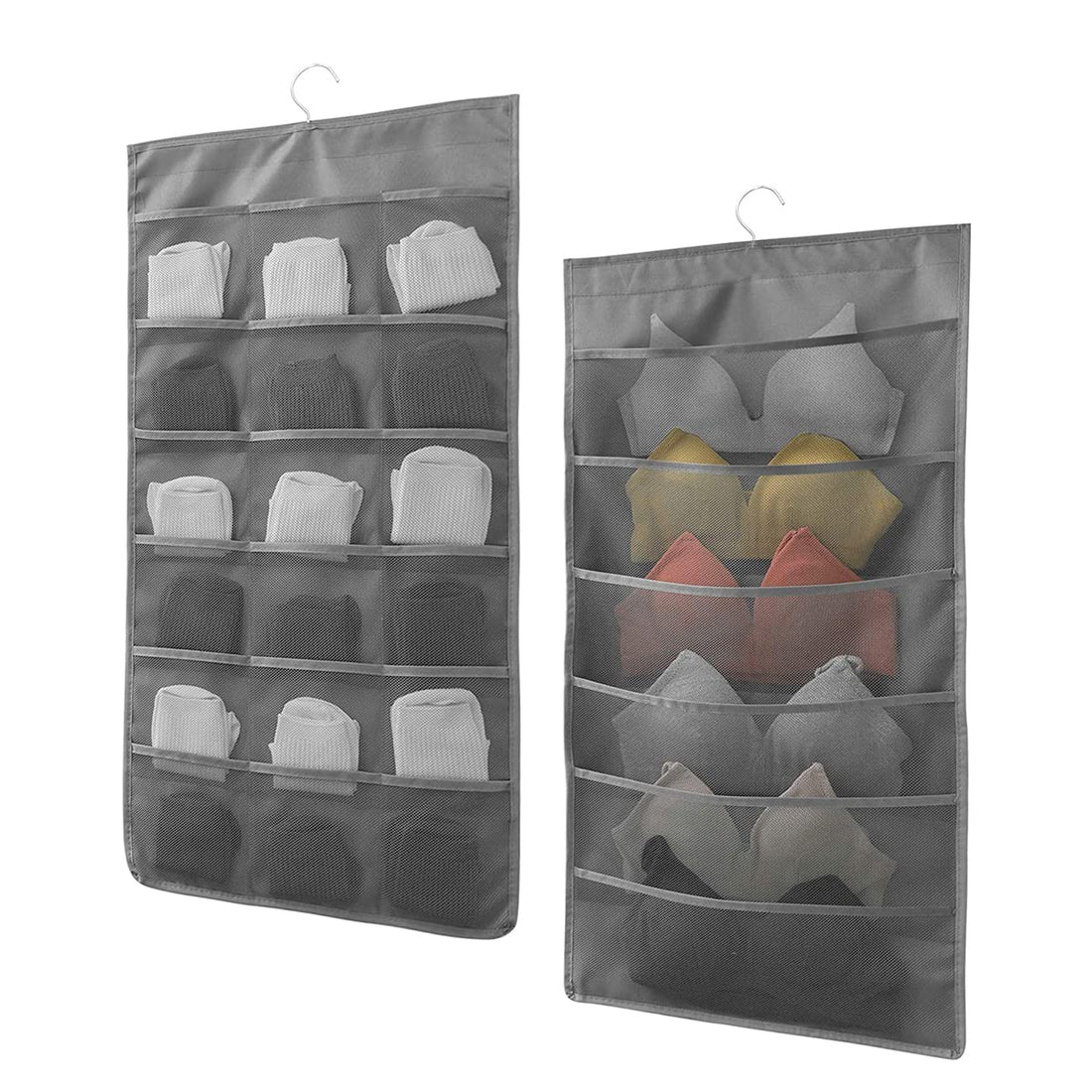 ALMEKAQUZ 3 Pcs Dual-Sided Hanging-Organizer Underwear, Hanging Storage Organiser for Underwear, Stocking, Bra and Sock (24 Pockets, Gray)