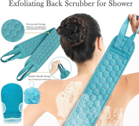 Shower Loofah Set – 3-Piece Exfoliating Kit With Moroccan Bath Glove, Soft Body Sponges & Back Scrubber Strap For Women & Men – Deep Cleansing Bath Accessories For Smooth Skin Yewllo (Pink)