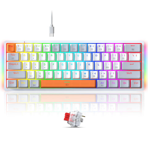 Redragon 60% Mechanical Gaming Keyboard - Mini Wired Compact With RGB Backlit Hot-Swappable Red Switch, Fully Programmable for Windows Laptop PC Mac - K642WGO White-Gray
