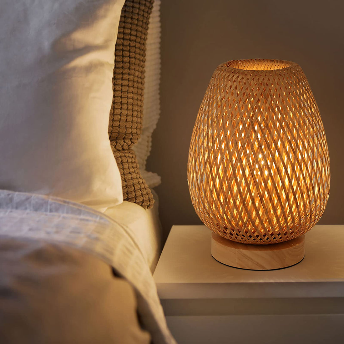 Arturesthome Table Lamp Vintage Bamboo Lampshade Bedroom Lamp Living Room Desk Lamp Children's Bedside Lamp Dining Table Rattan Lamp (Bulb Not Included)