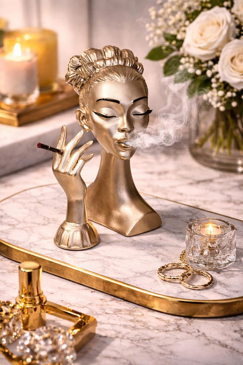 Elegant Woman Incense Burner Sculpture – Smoking Lady Aromatherapy Holder for Home Decor (Black or White with Gold Accents) (African Lady Champagne)