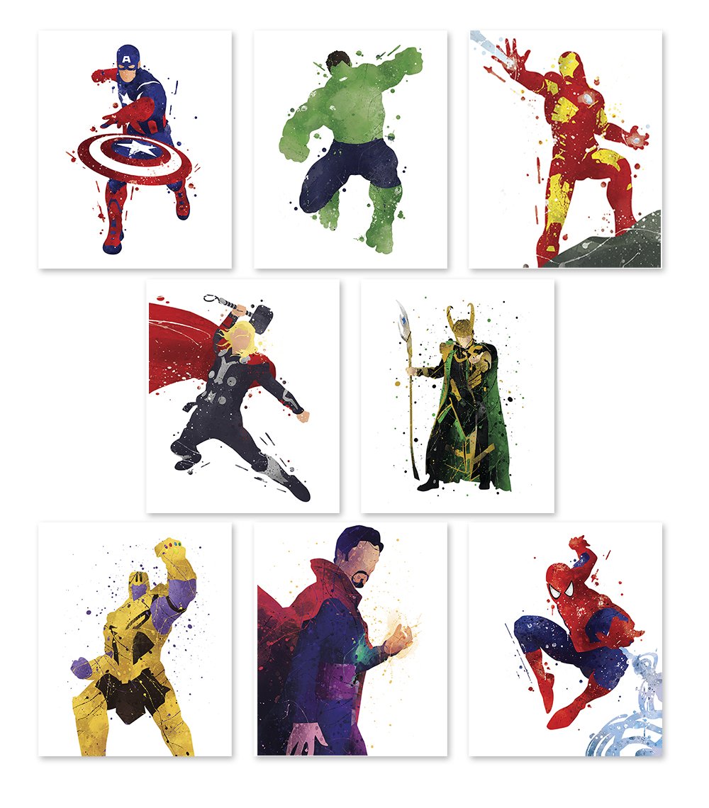Pgbureau Superhero Wall Poster- Avengers Infinity War Art Prints - Set of 8 - Hulk - Loki - Iron Man - Captain America - Thanos - Spiderman - Thor - Doctor Strange - Great Decor for Home -