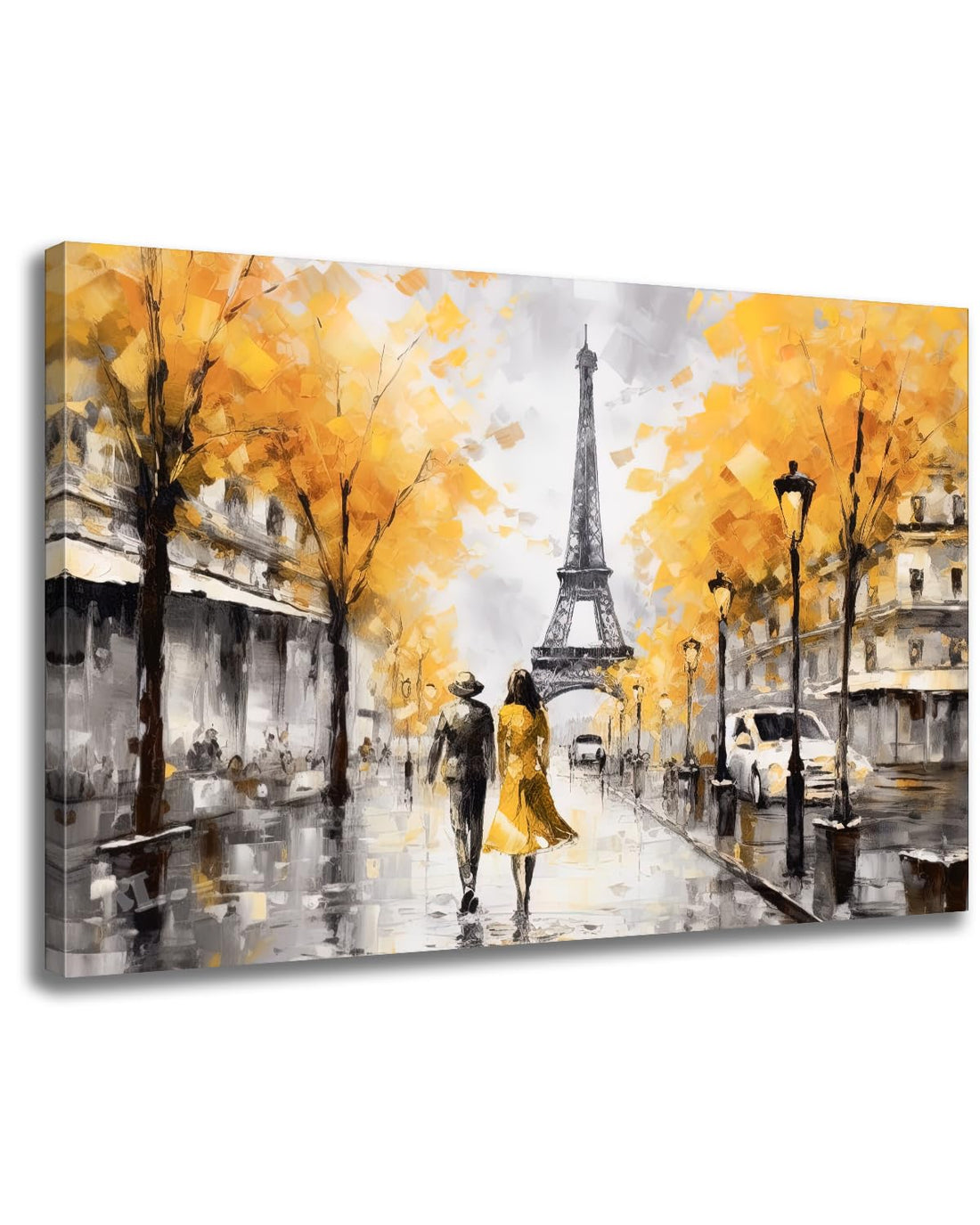 GLOKAKA Paris Eiffel Tower Wall Art Yellow Tree Romantic Paris Couple in City Street Canvas Wall Decor Modern City Painting Print on Canvas Artwork for Bedroom Bathroom Decor