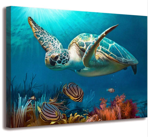 Bathroom Decor Beach Decor Sea Turtle Bathroom Art Beach Bathroom Decor Turtle Decor Hawaiian Decor Sea Turtle Decor Coastal Wall Decor Ocean Wall art Blue Ocean Canvas Frame Print Ready To Hang