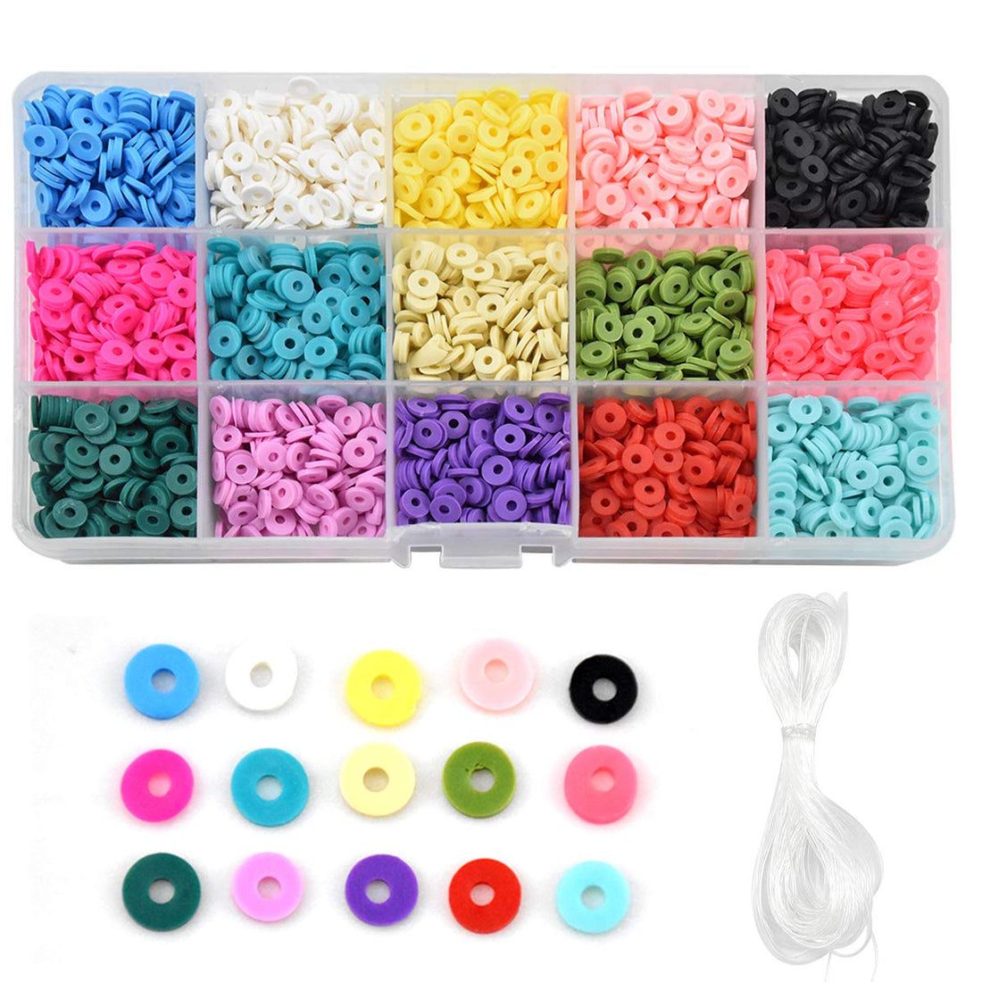 Yasmous 301-05995 2850 Pieces Flat Clay Beads, 6 mm 15 Colours for Jewellery Making, Heishi and Round, Spacer Loose Bracelets Earrings Necklaces with 10 m Cord, Multi-Colour, Large