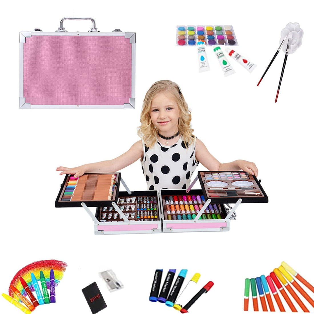 Beauenty Deluxe Art Set 180PC 2 Layers, Kids Art Supplies for Drawing, Painting, Portable Aluminum Case Art Kit for Kids, Teens, Adults Great Gift for Beginner and Serious Artists (Pink)