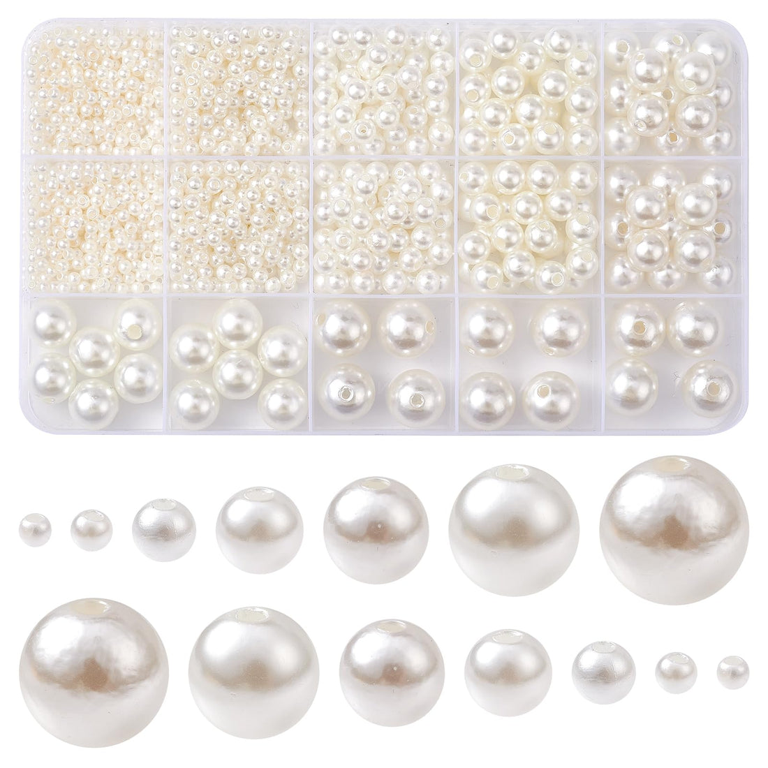 Stiesy Approx 1100pcs White Imitation Round Spacer Bead 3/4/6/8/10/12/14 mm Pearl Beads for Jewellry Making DIY Bracelet Crafting