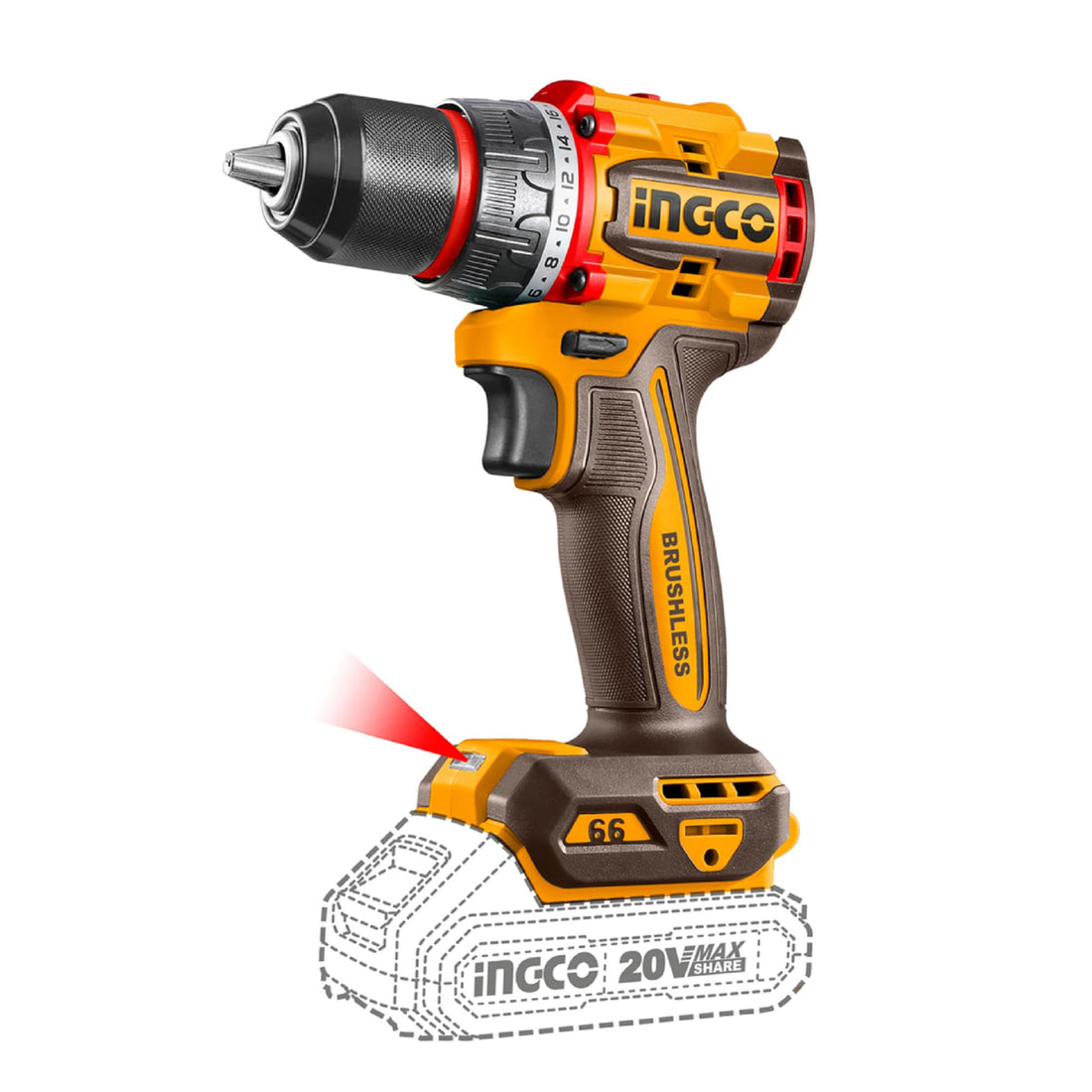 INGCO 20V Lithium-Ion Brushless Drill (Body Only) Max. Torque 66 Nm Cordless Drill 22+1 Torque Settings CDLI206681