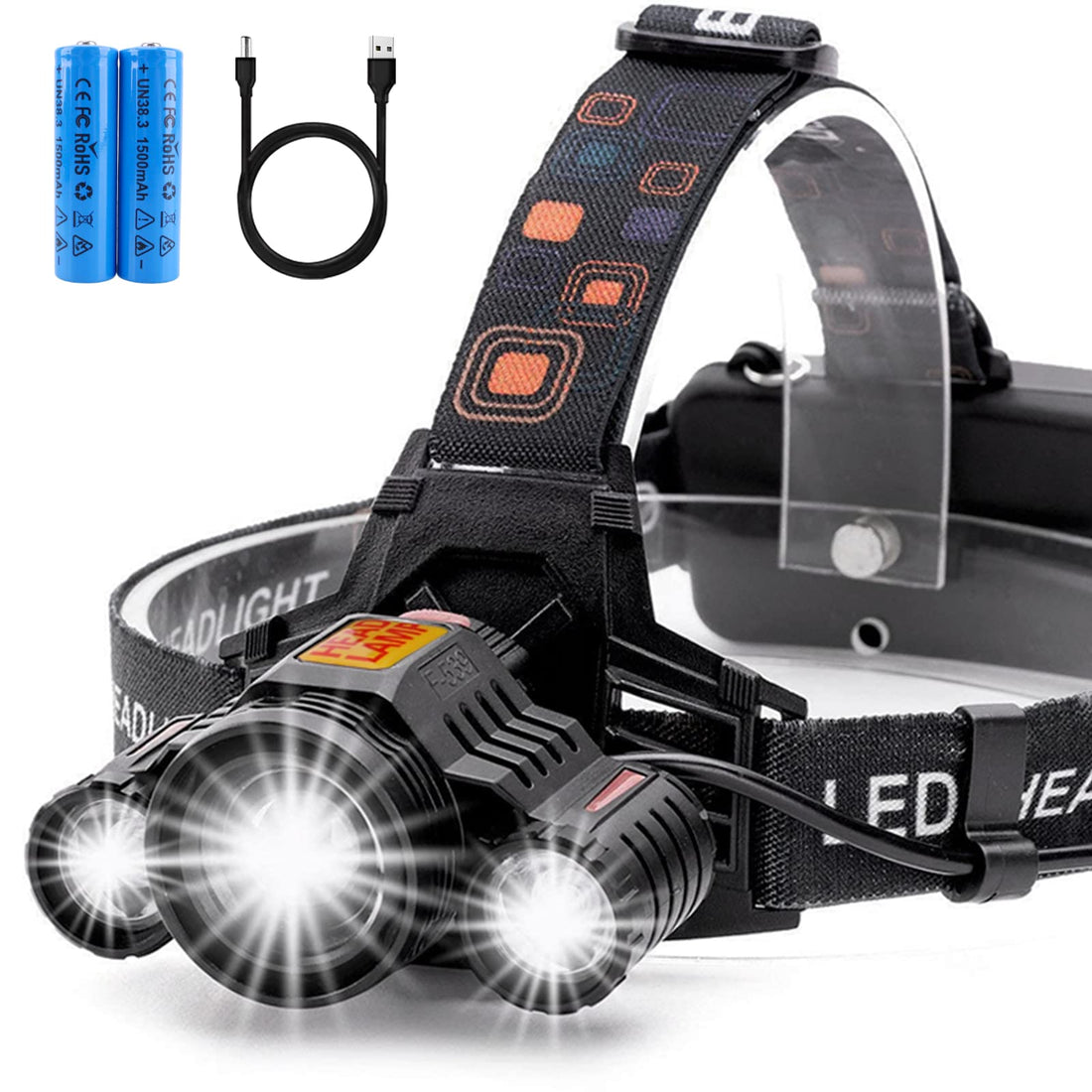 LED Headlamp Rechargeable Flashlight, 6000 High Lumens Bright Head Lamp for Adluts USB Head Light Adjustable Head Torch Waterproof Camping Headlamps for Outdoors Running Cycling Fishing Hiking