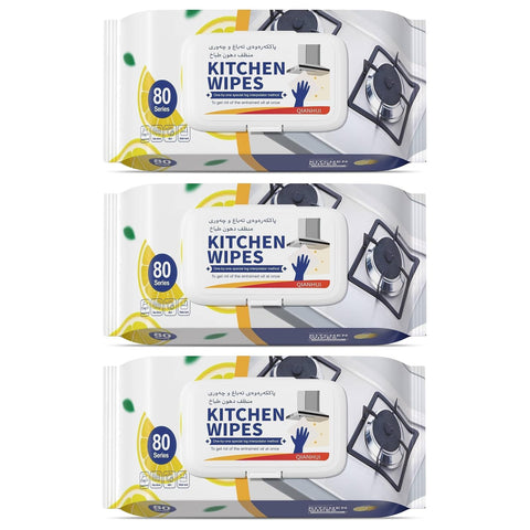 Lemon Kitchen Cleaning Wipes – 80 Count for Effective Cleaning & Removing Grease & Stains from Surfaces, Glass, Oven – Strong Skin Safe Wipes for Daily Home Use (3 Sachets)