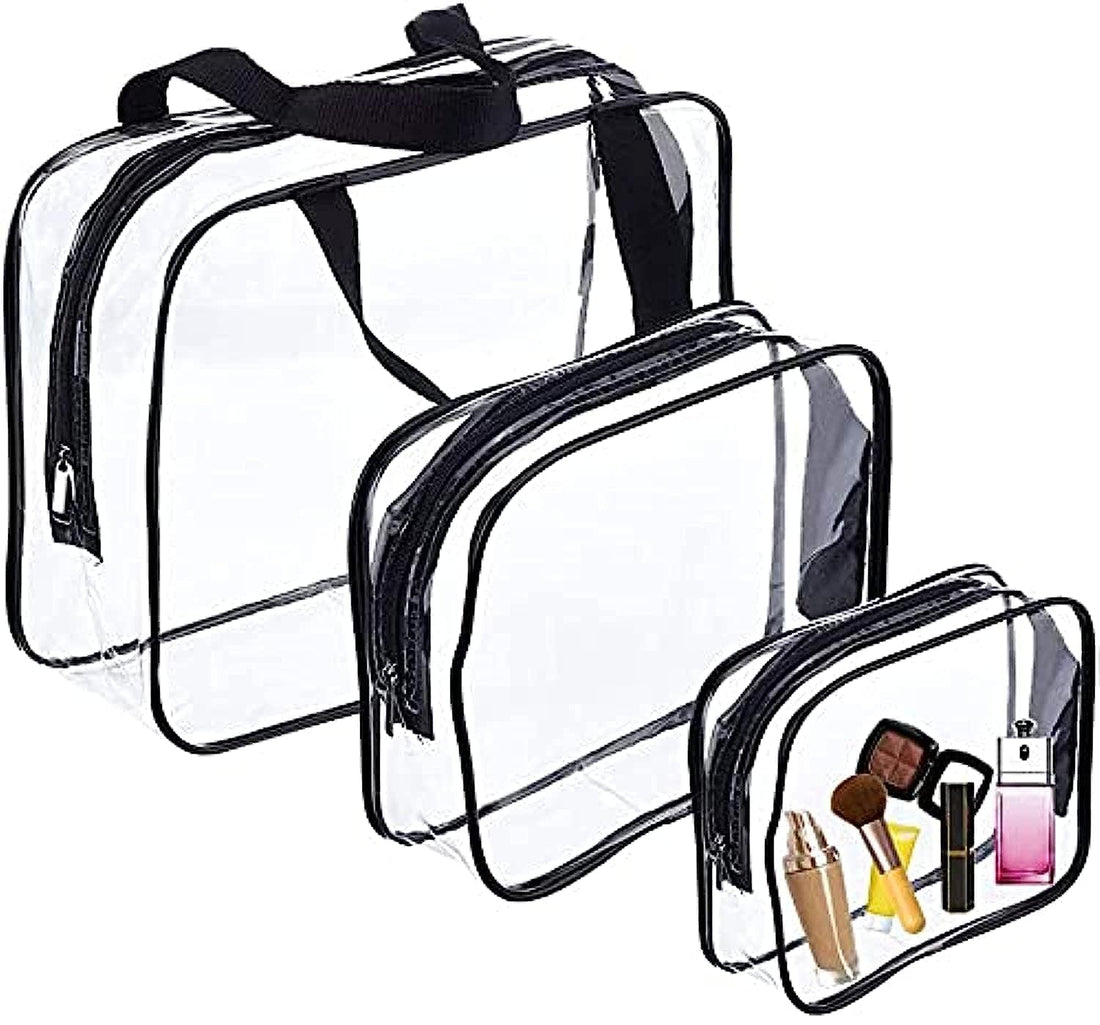 3Pcs Clear Toiletry Bags,Clear Plastic Cosmetic Bag with Zipper PVC Make-up Pouch for Vacation Travel, Bathroom and Organizing (Black)