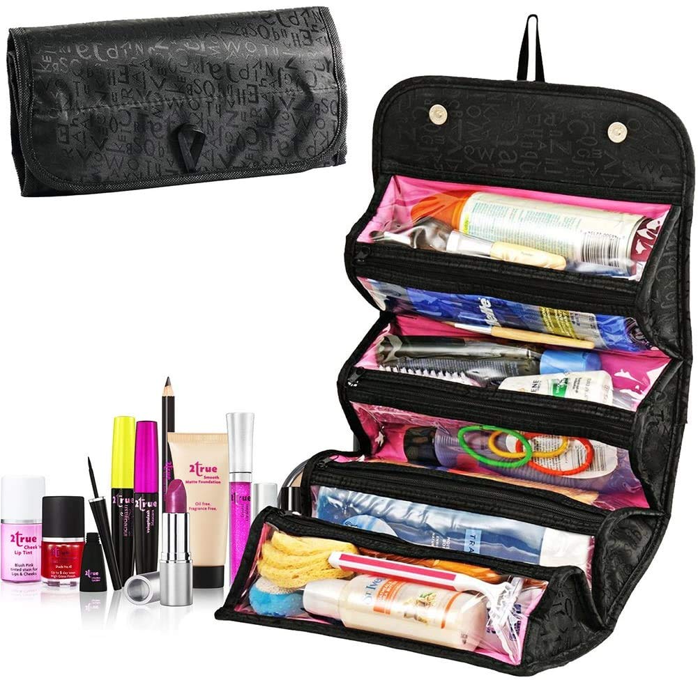 TXYFYP Roll-Up Cosmetic Bag, Travel Roll-Up Vanity Case Folder Hanging Foldable Cosmetic Bag Toiletries Bag - Black, Free Size